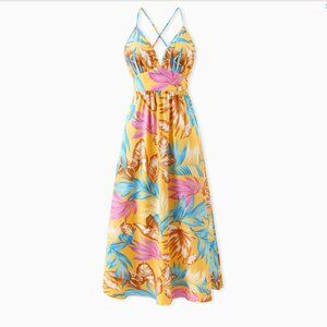 Yellow Women Tropical Leaf Print Strap Dress S, M, L, XL